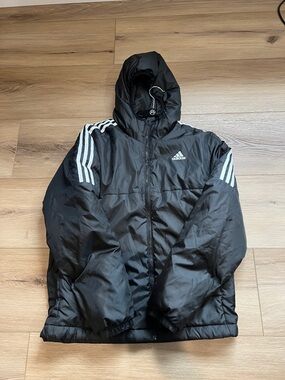 adidas Black Puffer Jacket with White Stripe Accents Men’s size medium